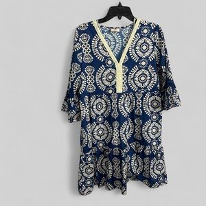 Saiph Cotton Bell Sleeve Santorini tiered Mini Dress crochet detail preppy MED